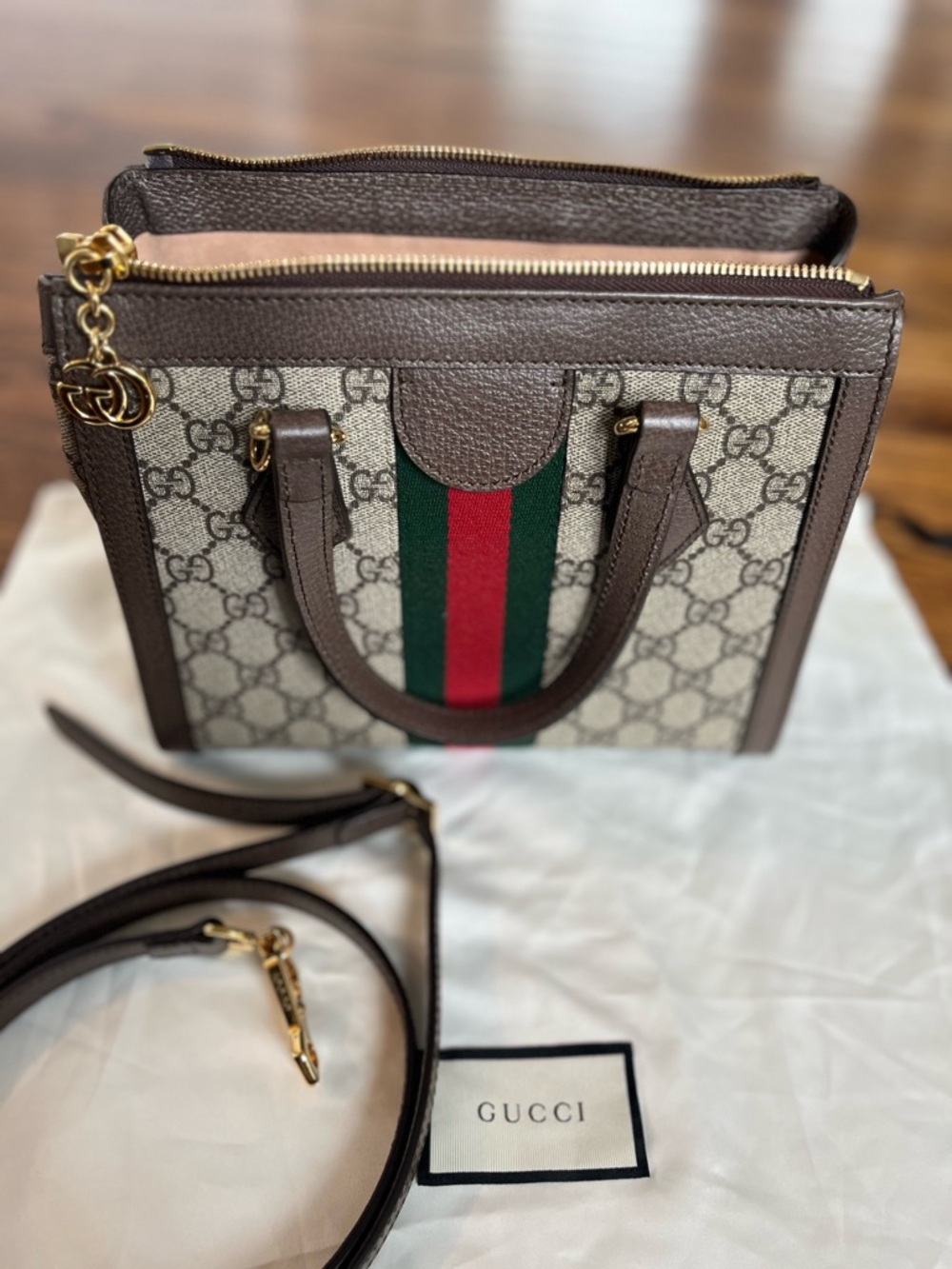 Gucci Convertible Brown GG Supreme Canvas Satchel with Green-Red Web Stripe - Picture 5 of 14